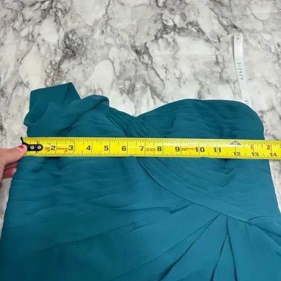 Azazie Madalynn Bridesmaid Dress one shoulder Peacock NWT Size A4 ruffle detail - Picture 8 of 8